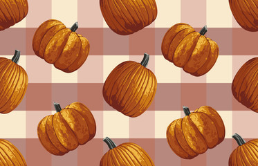 Printable seamless vintage autumn repeat pattern background with pumpkins. Botanical wallpaper, raster illustration in super High resolution.