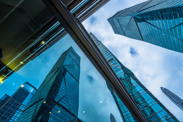 low angle view of skyscrapers in city of China.