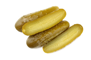 sliced marinated pickled cucumbers isolated on white background. top view