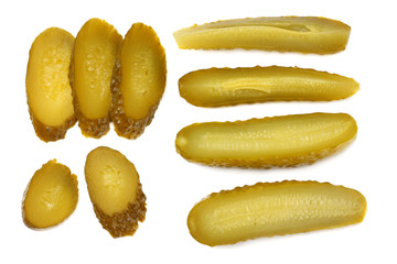 sliced marinated pickled cucumbers isolated on white background. top view