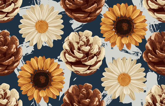 Printable seamless vintage autumn repeat pattern background with daisies, pine cones, and sunflowers. Botanical wallpaper, raster illustration in super High resolution.