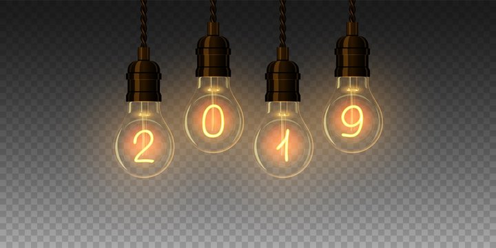 Christmas lamp light bulbs Illuminated new year 2019. Vector
