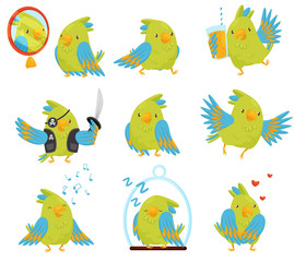 Flat vector set of parrot in different situations. Cute bird with bright green and blue feathers. Funny cartoon character