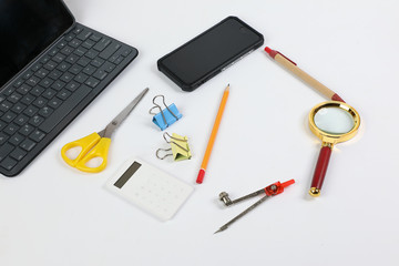 Table top view office stationary supply copy space