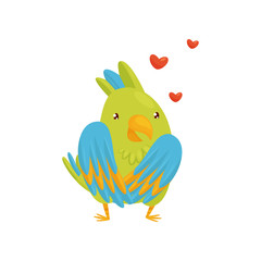 Flat vector icon of enamored parrot character, red hearts flying in the air. Bird with bright green and blue feathers