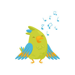 Adorable green parrot singing song. Cartoon bird character with bright green and blue feathers. Flat vector icon