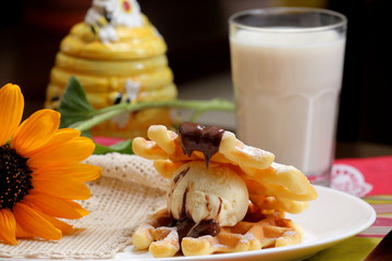 vanilla ice cream with waffles and chocolate