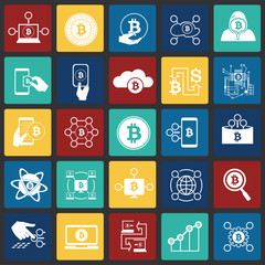 Bitcoin and crypto currency set on color squares background icons