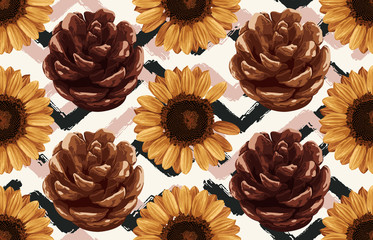 Printable seamless vintage autumn repeat pattern background with pine cones and sunflowers. Botanical wallpaper, raster illustration in super High resolution.