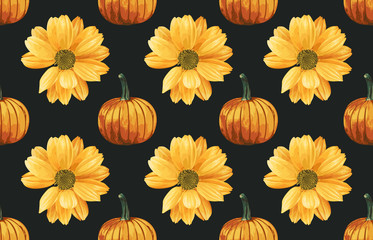 Fototapeta premium Printable seamless vintage repeat pattern background with yellow chrysanthemum flowers and pumpkins. Botanical wallpaper, raster illustration in super High resolution.