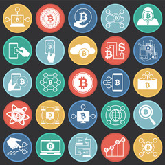 Bitcoin and crypto currency set on color circles black background icons