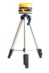 Construction tool-metal tripod with yellow head for laser level. White background, isolated