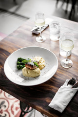 grilled salmon fish fillet with mashed potato and mustard sauce