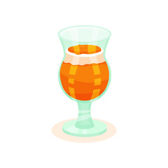 Delicious persimmon pudding with whipped cream in glass. Tasty fruit dessert. Sweet food. Flat vector icon