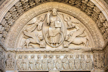 Details of the west portal  Saint Trophime Cathedral in Arles, France. Bouches-du-Rhone,  France
