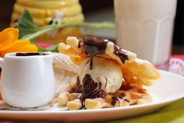 vanilla ice cream with waffles and chocolate