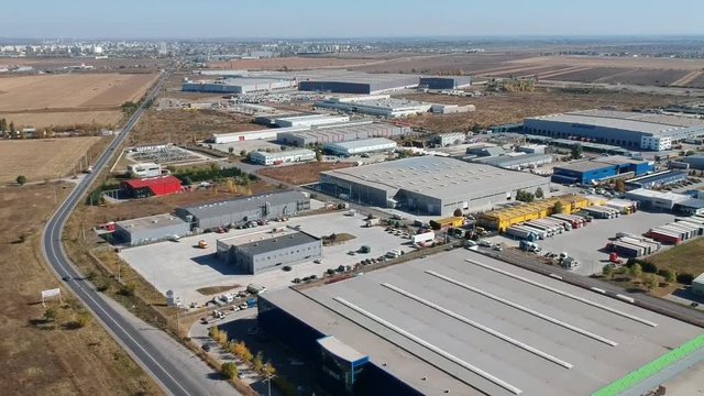 Drone footage of the main industrial and logistics area , under development, near Ploiesti City , Romania, where many important businesses and foreign investments in industry are located.