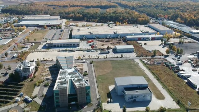 Aerial presentation alongside the main entrance into the logistics and industrial park near Ploiesti City, Romania