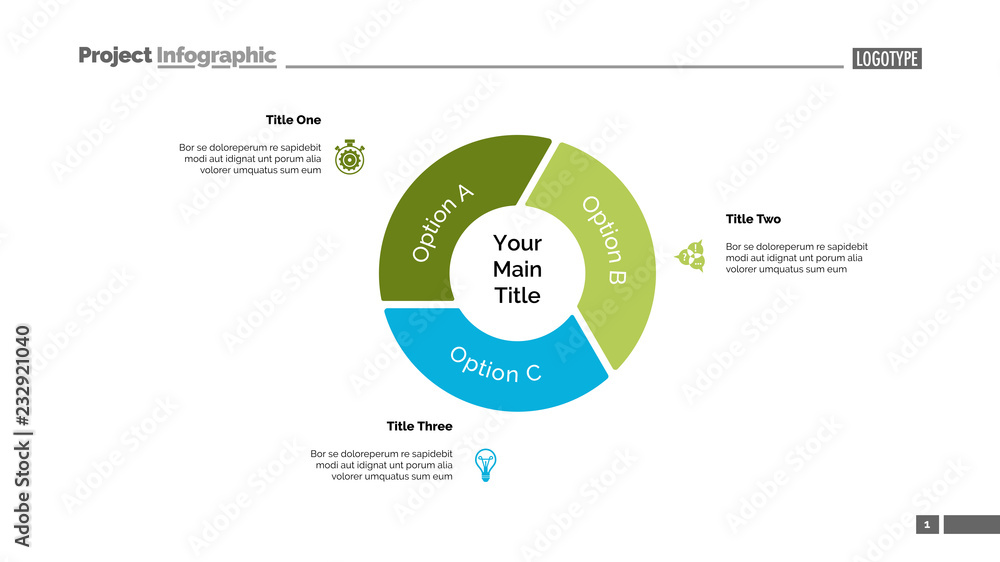 Poster pie chart with three elements. diagram, option graph, layout. business data. creative concept for in
