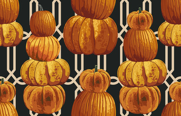 Printable seamless vintage autumn repeat pattern background with pumpkins. Botanical wallpaper, raster illustration in super High resolution.