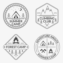 Camp logo set. Summer and forest camping badges. Mountain and Rock Climbing emblem. Vector illustration.