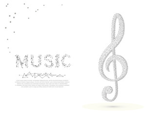 Obraz premium Treble clef. Incandescent lamp. Low poly wireframe illustration. Vector polygonal image, consisting of points, lines, triangles with destructing shapes on white background Music poster banner template