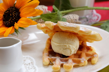 vanilla ice cream with waffles and chocolate