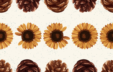 Printable seamless vintage autumn repeat pattern background with pine cones and sunflowers. Botanical wallpaper, raster illustration in super High resolution.