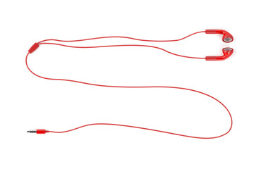 Red wired earphones on white background