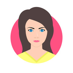 Woman face avatar. Female icon or portrait. Pretty young girl. Vector illustration.