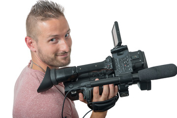 man with professional camcorder isolated on white background