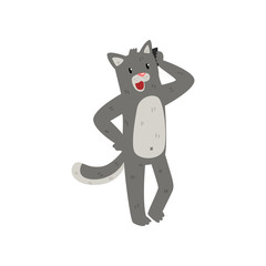 Gray cat standing and talking on the phone, cute animal cartoon character with modern gadget vector Illustration on a white background
