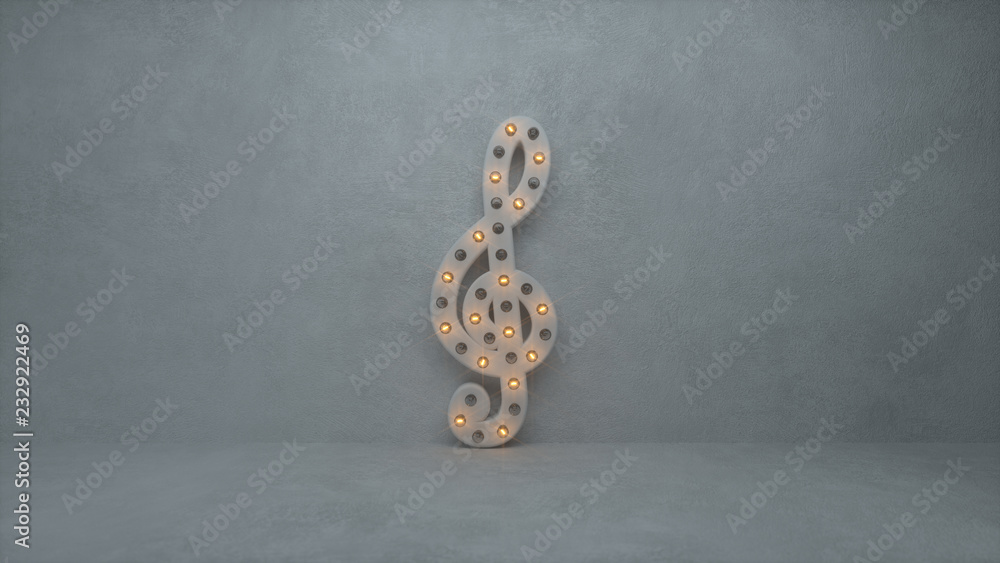 Poster illuminated clef note symbol with lamps 3d rendering