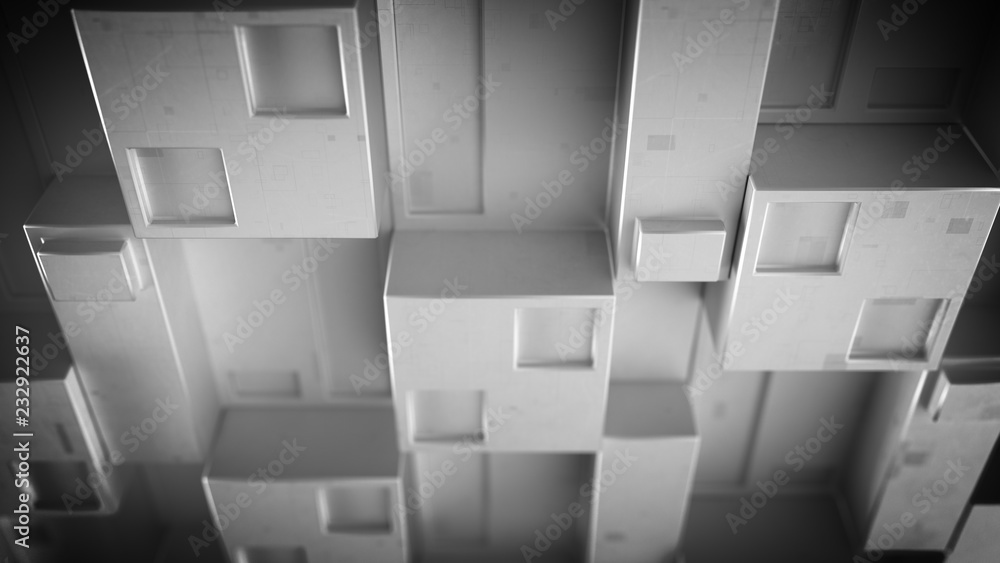Poster futuristic techno gray panel with cubic clusters 3d render