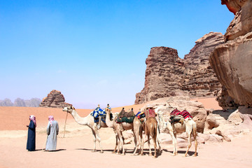 Caravan of camels in Wadi Rum desert, Jordan