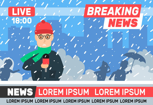 Breaking News Reporter Journalist Live Broadcasting Winter Weather Snow Storm 