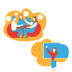 Flat speaking club and discussion class. Cartoon teacher teach students English in school, learning foreign languages course. Conversation with flag in speech bubble