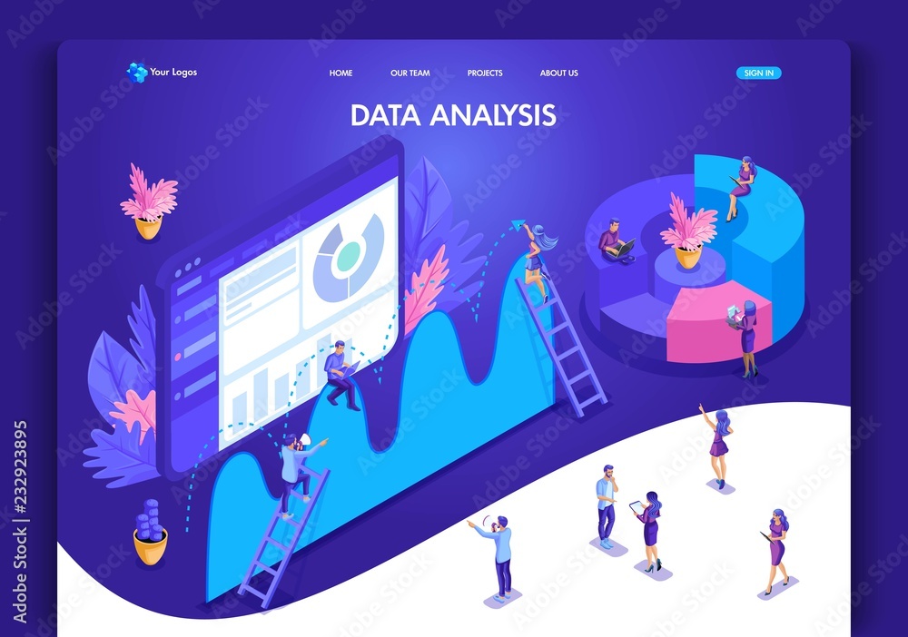 Poster website template design. isometric concept for landing page. data analysis concept with characters. 