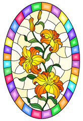 Illustration in stained glass style flower of orange lily on a yellow background in a bright frame,oval  image