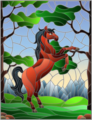 Naklejki  Ilustracja w stylu witrażu z dzikim koniem na tle drzew, gór i nieba
