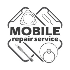 Mobile repair service logotype and badge on white background, monochrome style, vector 

