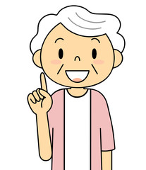 シニア　女性　人差し指をさすおばあちゃん　二頭身