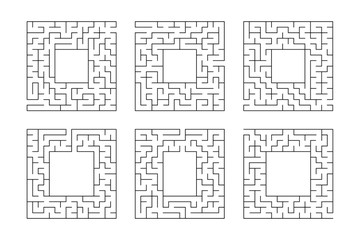 A set of square mazes. Game for kids. Puzzle for children. One entrances, one exit. Labyrinth conundrum. Flat vector illustration isolated on white background. With place for your image.