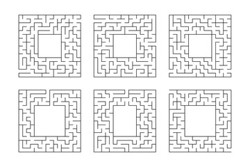 A set of square mazes. Game for kids. Puzzle for children. One entrances, one exit. Labyrinth conundrum. Flat vector illustration isolated on white background. With place for your image.