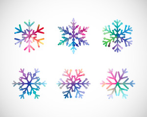 Set of snow flakes. Blue red pink ice, coloured xmas icons. Isolated cut seasonal symbols, trendy glittering glass on black and white backdrop. Elegant abstract idea, arts and graphic design template.