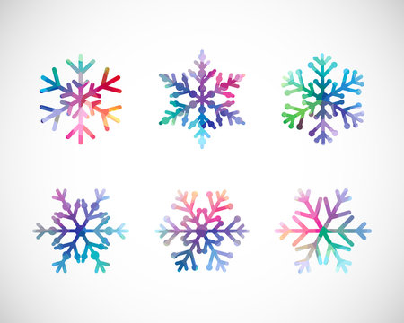 Set of snow flakes. Blue red pink ice, coloured xmas icons. Isolated cut seasonal symbols, trendy glittering glass on black and white backdrop. Elegant abstract idea, arts and graphic design template.