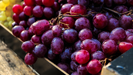 Grape, bunch,  red grapes, fresh raw lot,  store window