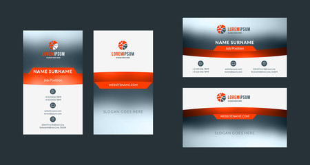 Double-sided creative business card template. Portrait and landscape orientation. Horizontal and vertical layout. Red and black color theme. Vector illustration