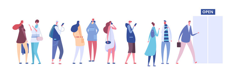 People in queue. Men and women in casual clothes, persons in line outside open store door. Vector concept queue row people, illustration of woman and man line