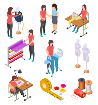 Sewing factory isometric set. Textile clothing manufacturing with workers and machinery. Industrial sewing 3d collection. Tailoring and designer, mannequin and seamstress handmade illustration